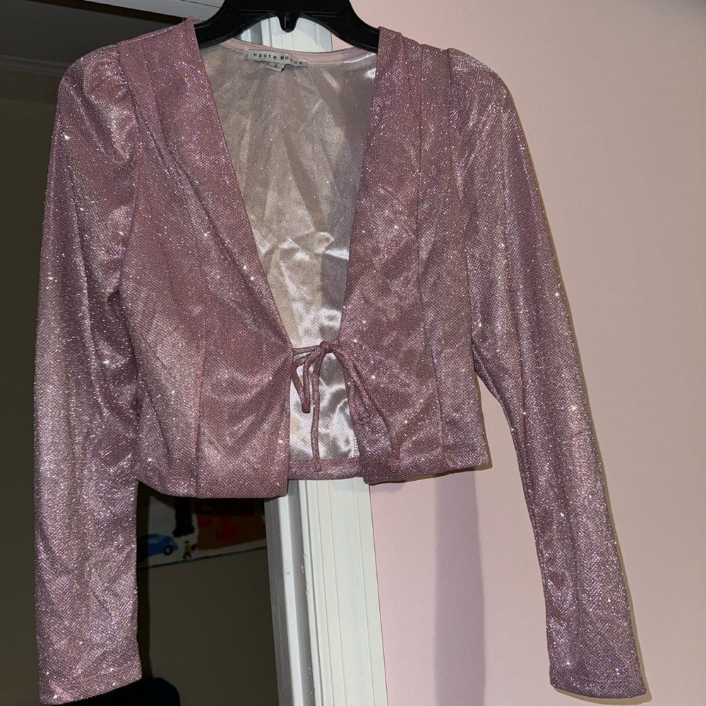 Pink Glitter Long Sleeve Blouse with Front Tie Closure